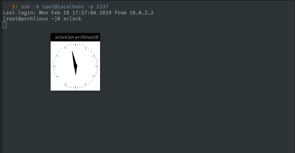 Screen capture showing xclock with XForwarding